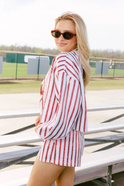 White & Red Full Sequin Stripe Short