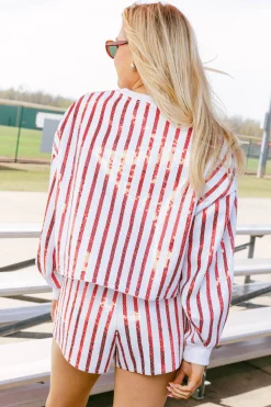 White & Red Full Sequin Stripe Short