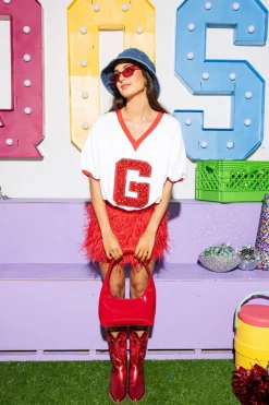 White & Red Jewel 'G' Bubble V Neck Top