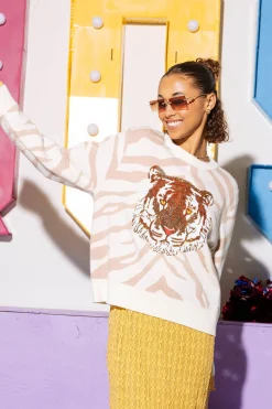 White & Tan Tiger Face Tiger Head Long Sleeve Sweater