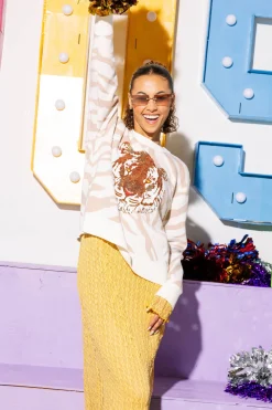 White & Tan Tiger Face Tiger Head Long Sleeve Sweater