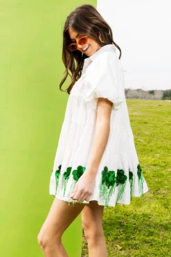 White Bead Shamrock Fringe Cotton Dress