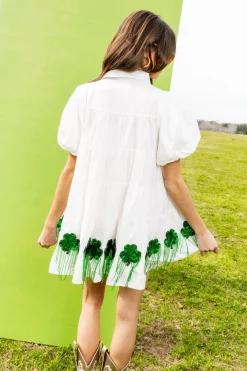 White Bead Shamrock Fringe Cotton Dress
