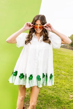 White Bead Shamrock Fringe Cotton Dress