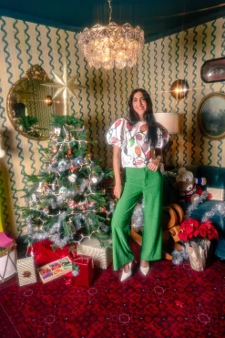 White Christmas Lights Tee With Poof Sequin Sleeves