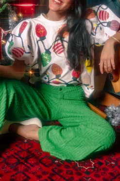 White Christmas Lights Tee With Poof Sequin Sleeves