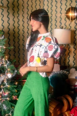 White Christmas Lights Tee With Poof Sequin Sleeves