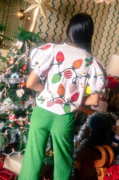 White Christmas Lights Tee With Poof Sequin Sleeves