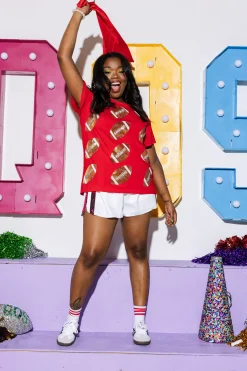 White Full Sequin Short with Crimson Side Stripe Short