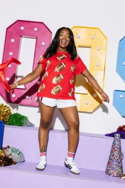 White Full Sequin Short with Crimson Side Stripe Short