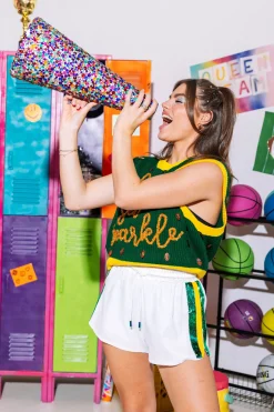 White Full Sequin Shorts with Green & Yellow Side Stripe