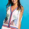 White Full Sequin Statue of Liberty Button Up Sweater Vest