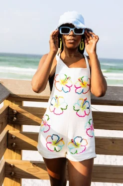 White Hibiscus Outline Gauze Tie Romper