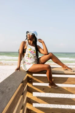 White Hibiscus Outline Gauze Tie Romper