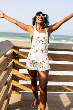 White Hibiscus Outline Gauze Tie Romper