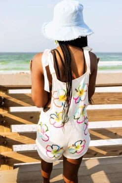 White Hibiscus Outline Gauze Tie Romper