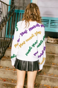 White Mardi Gras Words Cardigan