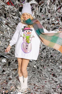 White Metallic Oversized Snowman Sweatshirt Dress
