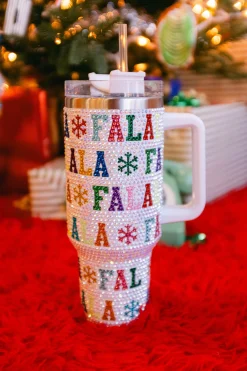 White Multi 'Fa La La" Rhinestone Tumbler