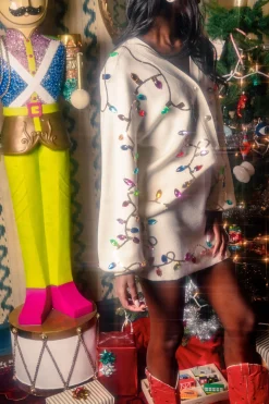 White Multi Jeweled Christmas Lights Sweater Cardigan