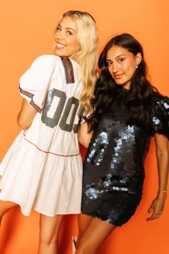 White, Navy/Orange Poof Sleeve QOS Jersey Dress