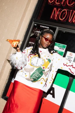 White Oversized Champagne Popping Feather Sleeve Sweater