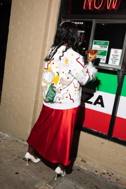 White Oversized Champagne Popping Feather Sleeve Sweater