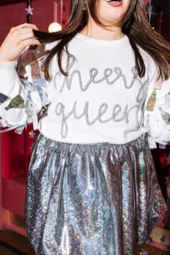 White Paillette Cheers Queen Sweater