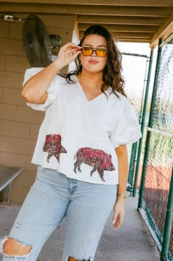 White Peplum Poof Sleeve Top with Razorbacks- Licensed