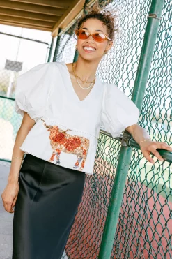 White Peplum Poof Sleeve Top with Longhorns - Licensed