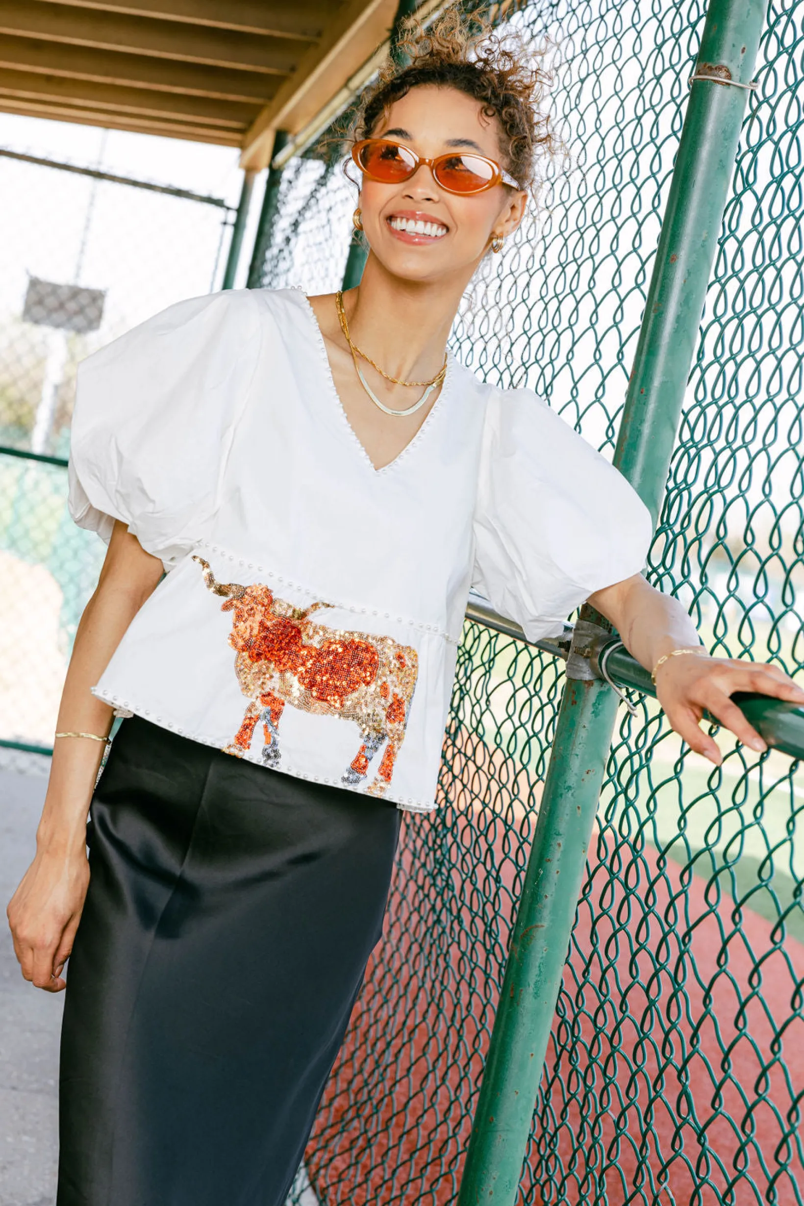 White Peplum Poof Sleeve Top with Longhorns - Licensed