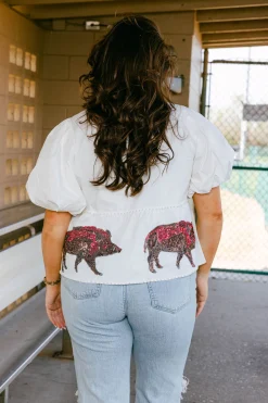 White Peplum Poof Sleeve Top with Razorbacks- Licensed