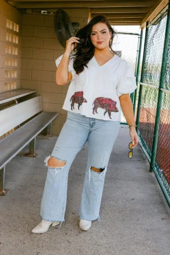 White Peplum Poof Sleeve Top with Razorbacks- Licensed