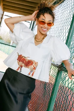 White Peplum Poof Sleeve Top with Longhorns - Licensed