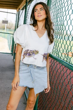 White Peplum Poof Sleeve Top with Horned Frogs - Licensed