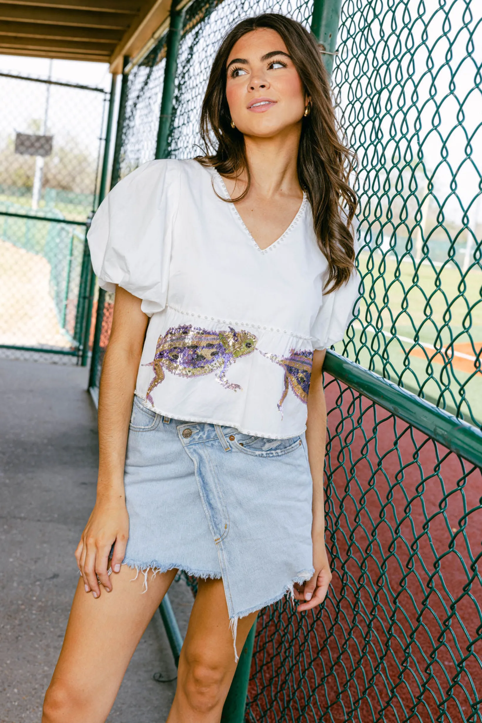 White Peplum Poof Sleeve Top with Horned Frogs - Licensed