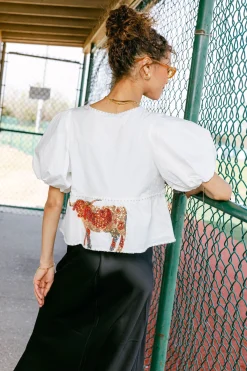 White Peplum Poof Sleeve Top with Longhorns - Licensed