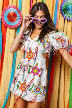 White Piñata Fringe Poof Sleeve Dress