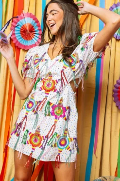 White Piñata Fringe Poof Sleeve Dress