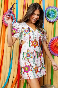 White Piñata Fringe Poof Sleeve Dress