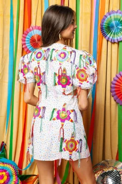 White Piñata Fringe Poof Sleeve Dress