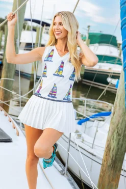 White Pleated Sailboat Tank Dress