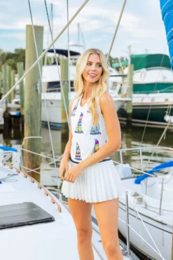 White Pleated Sailboat Tank Dress