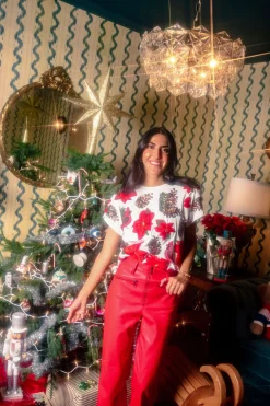 White Poinsettia & Pine Cone Tee