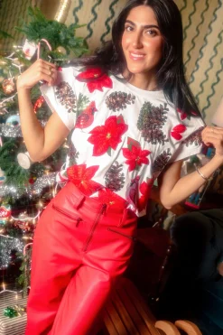 White Poinsettia & Pine Cone Tee