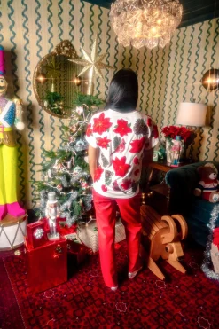 White Poinsettia & Pine Cone Tee