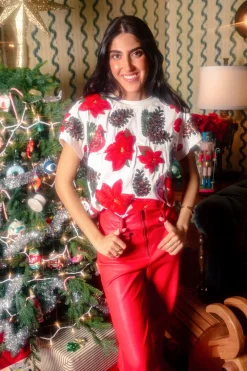 White Poinsettia & Pine Cone Tee