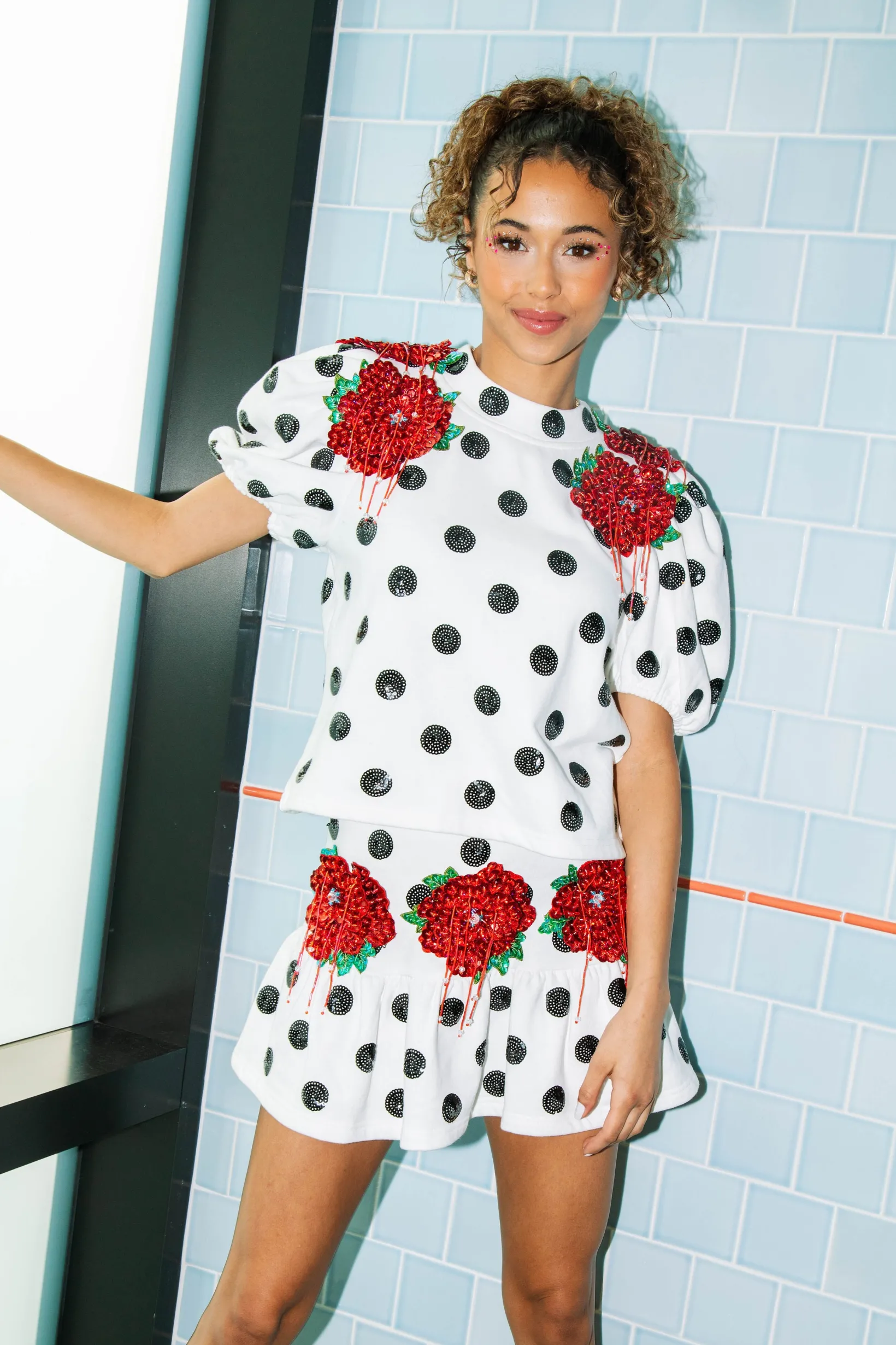 White Polka Dot Skirt With Red Flowers