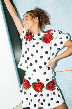 White Polka Dot Skirt With Red Flowers