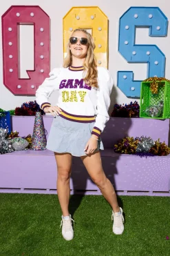 White, Purple & Gold Jeweled 'Game Day' Poof Sleeve Sweatshirt
